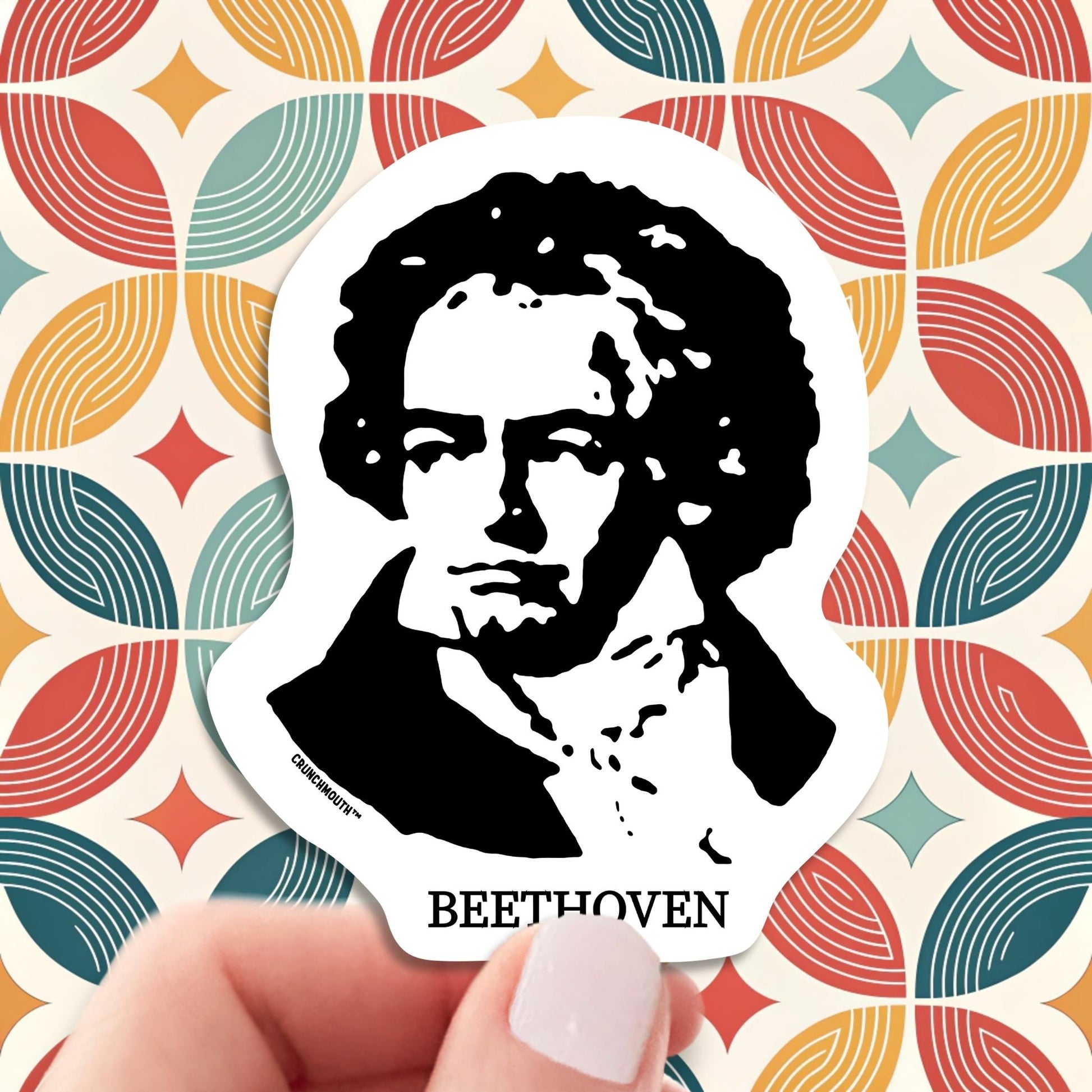 Beethoven sticker, hand display, retro design background
