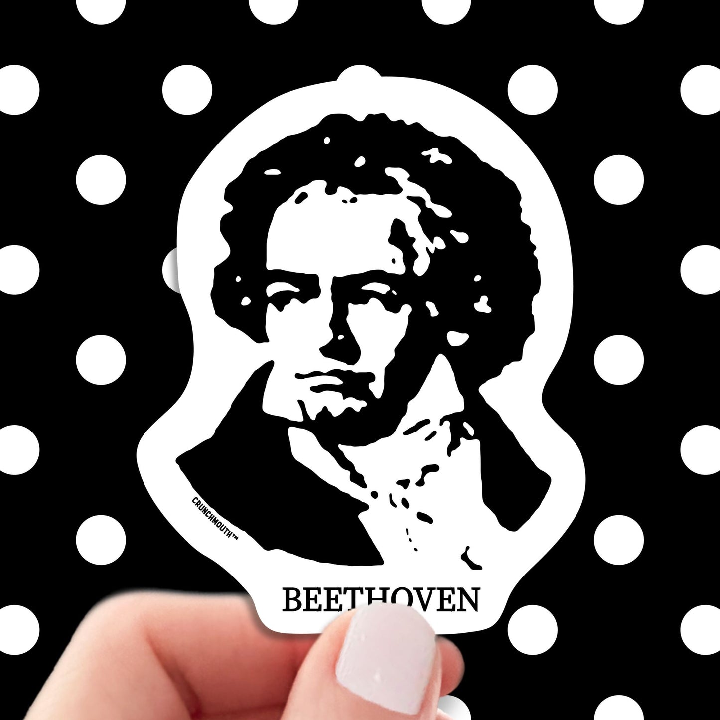 Beethoven sticker, hand display, polka dots pattern design background
