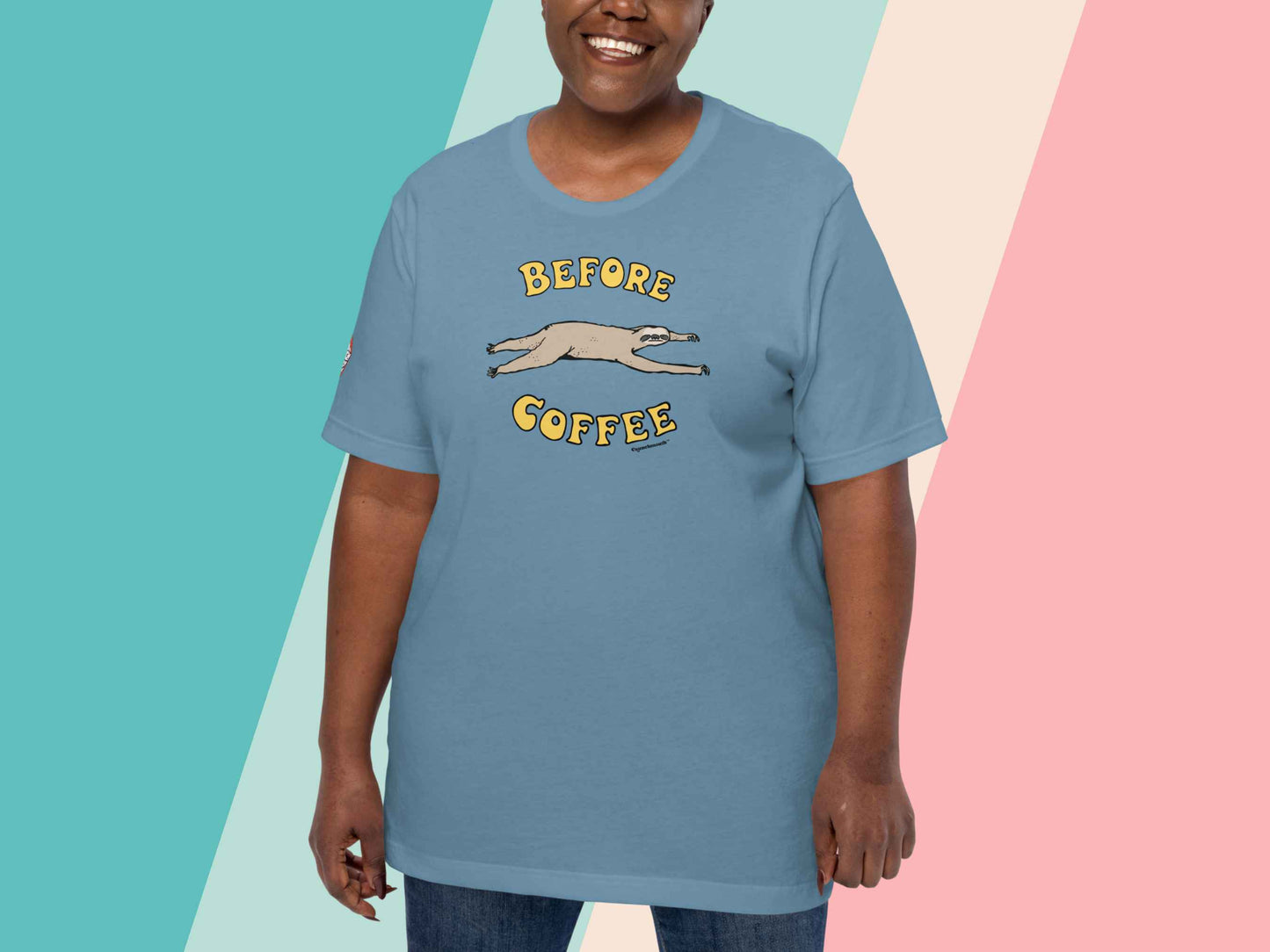 before coffee shirt, funny coffee t shirts, female model, front, pastel stripe background