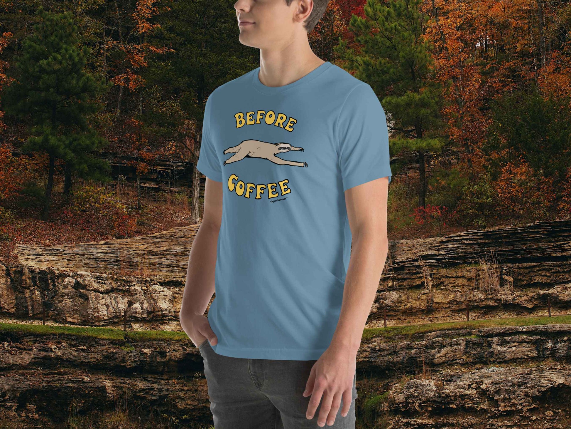 before coffee shirt, funny coffee t shirts, male model, front left, autumn forest background