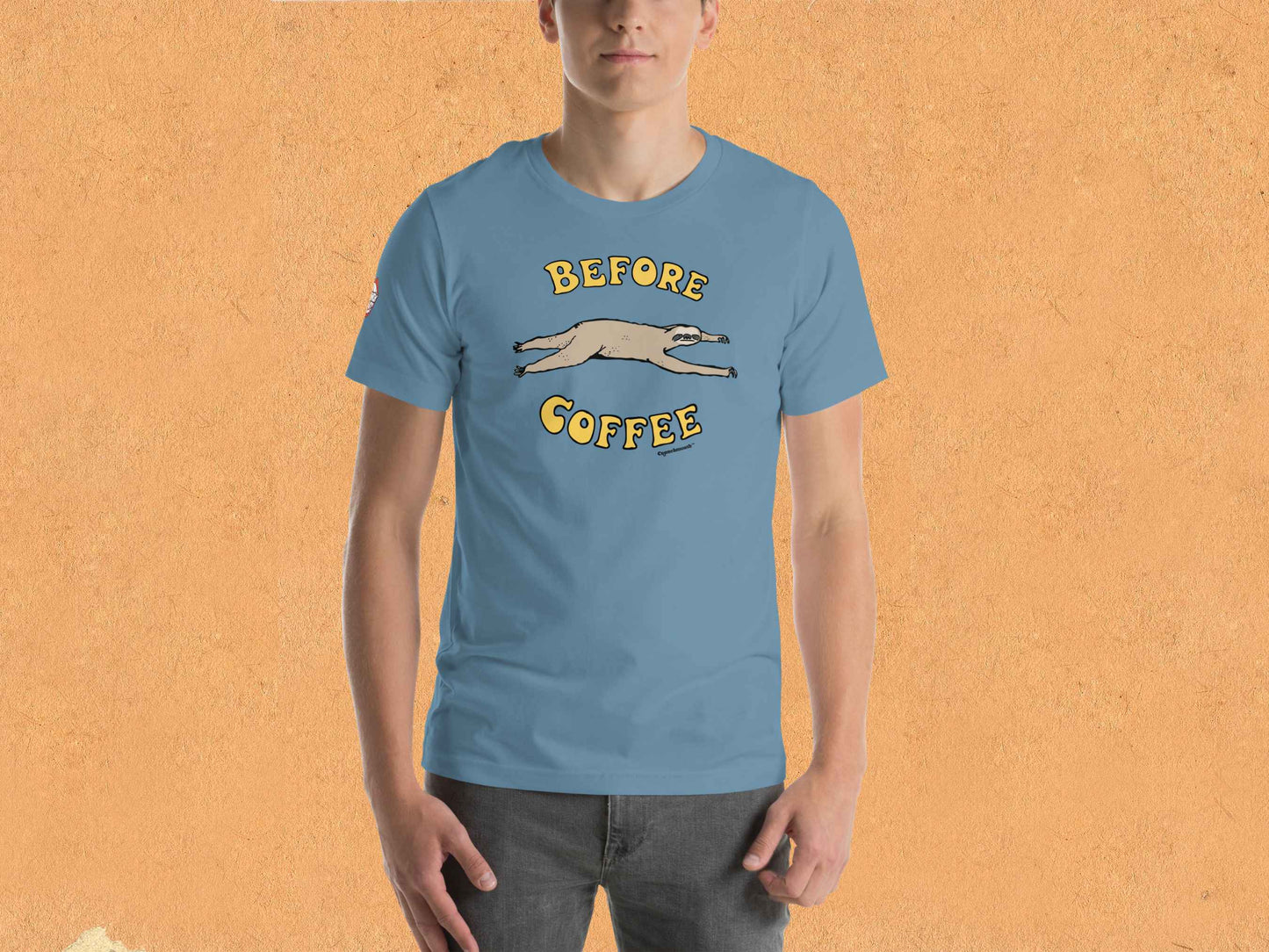 before coffee shirt, funny coffee t shirts, male model, front, orange textured background