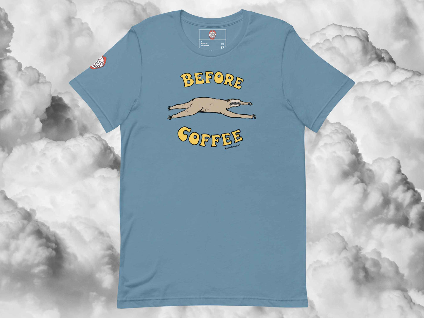 before coffee shirt, funny coffee t shirts, front, flat, puffy white clouds background