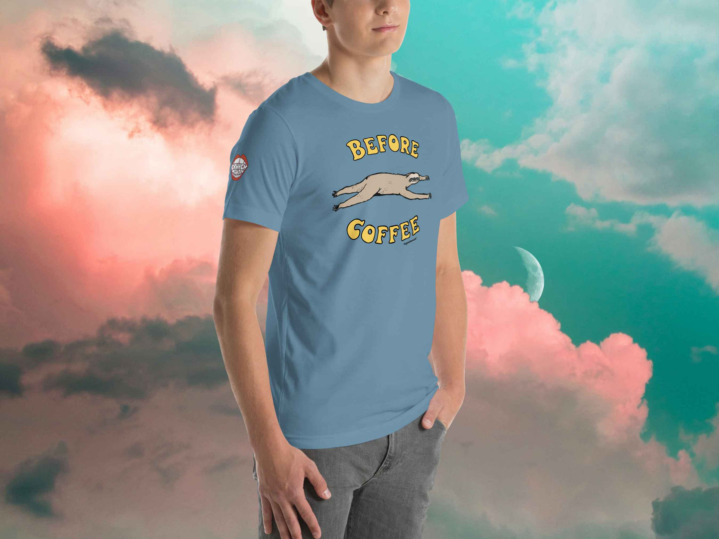 before coffee shirt, funny coffee t shirts, male model, front right, cloud sky background