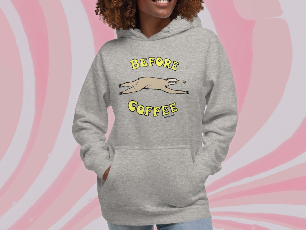 before coffee hoodie, front, female, pink swirl background