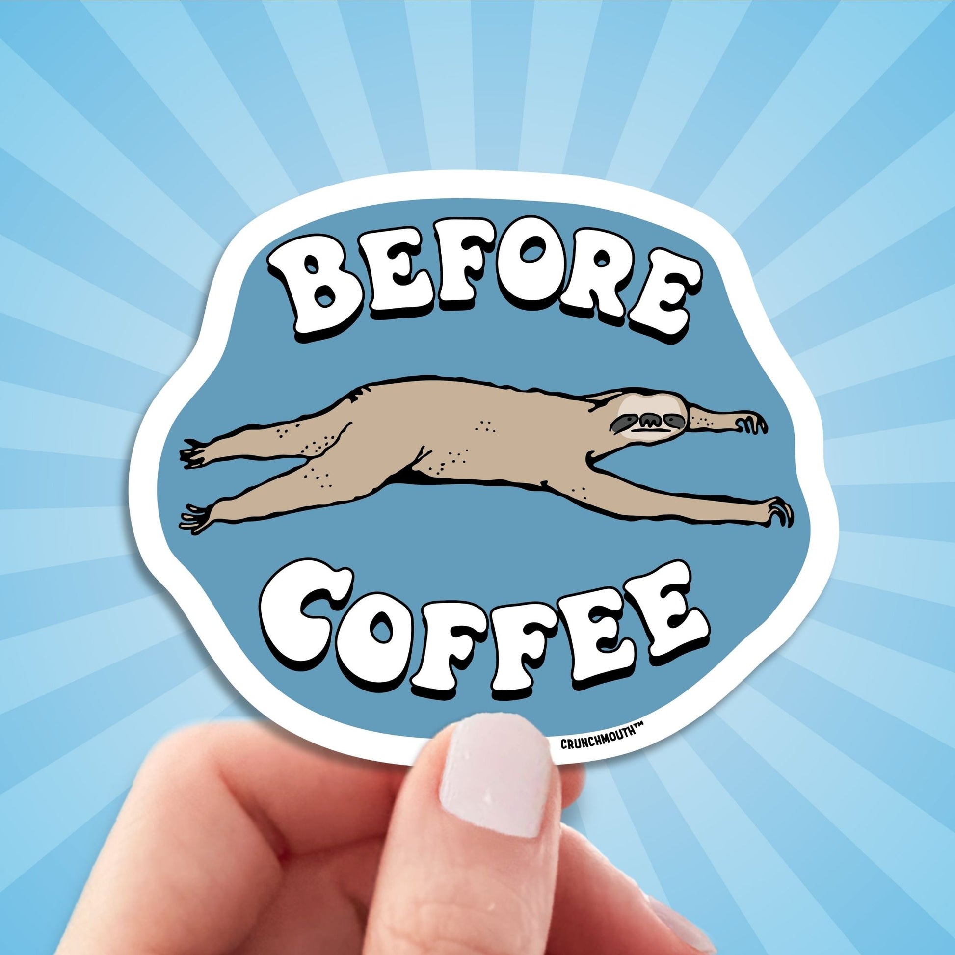 before coffee sloth sticker, hand display, sun rays design background