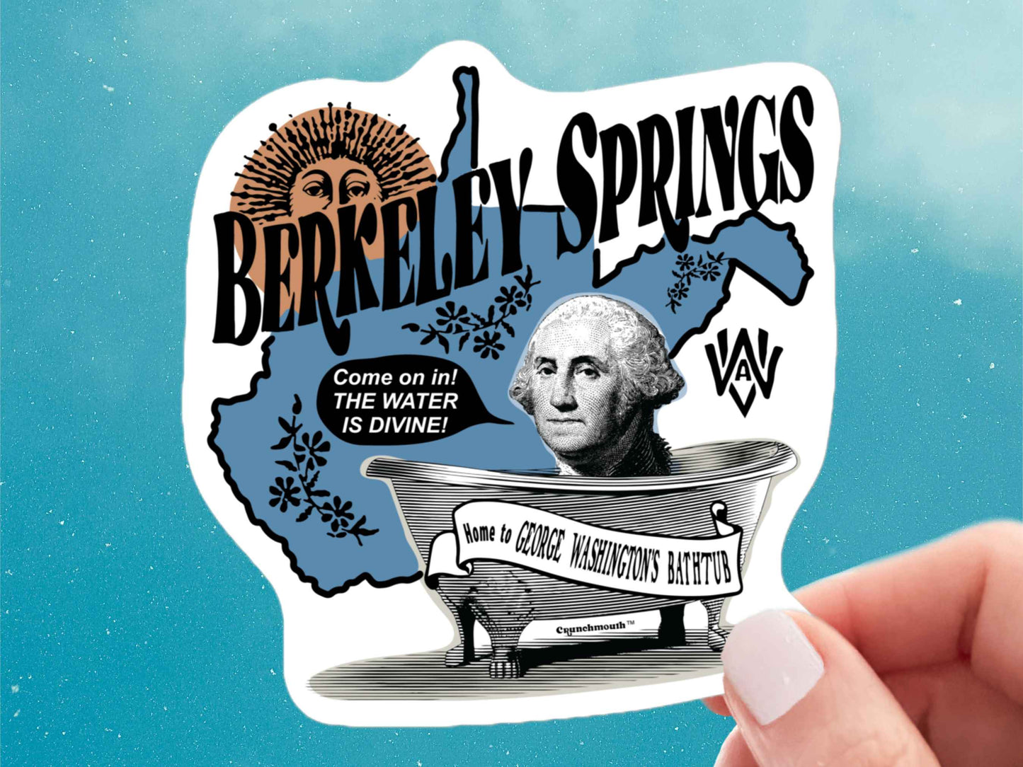 berkeley springs sticker, george washington's bathtub, hand display, blue sky background