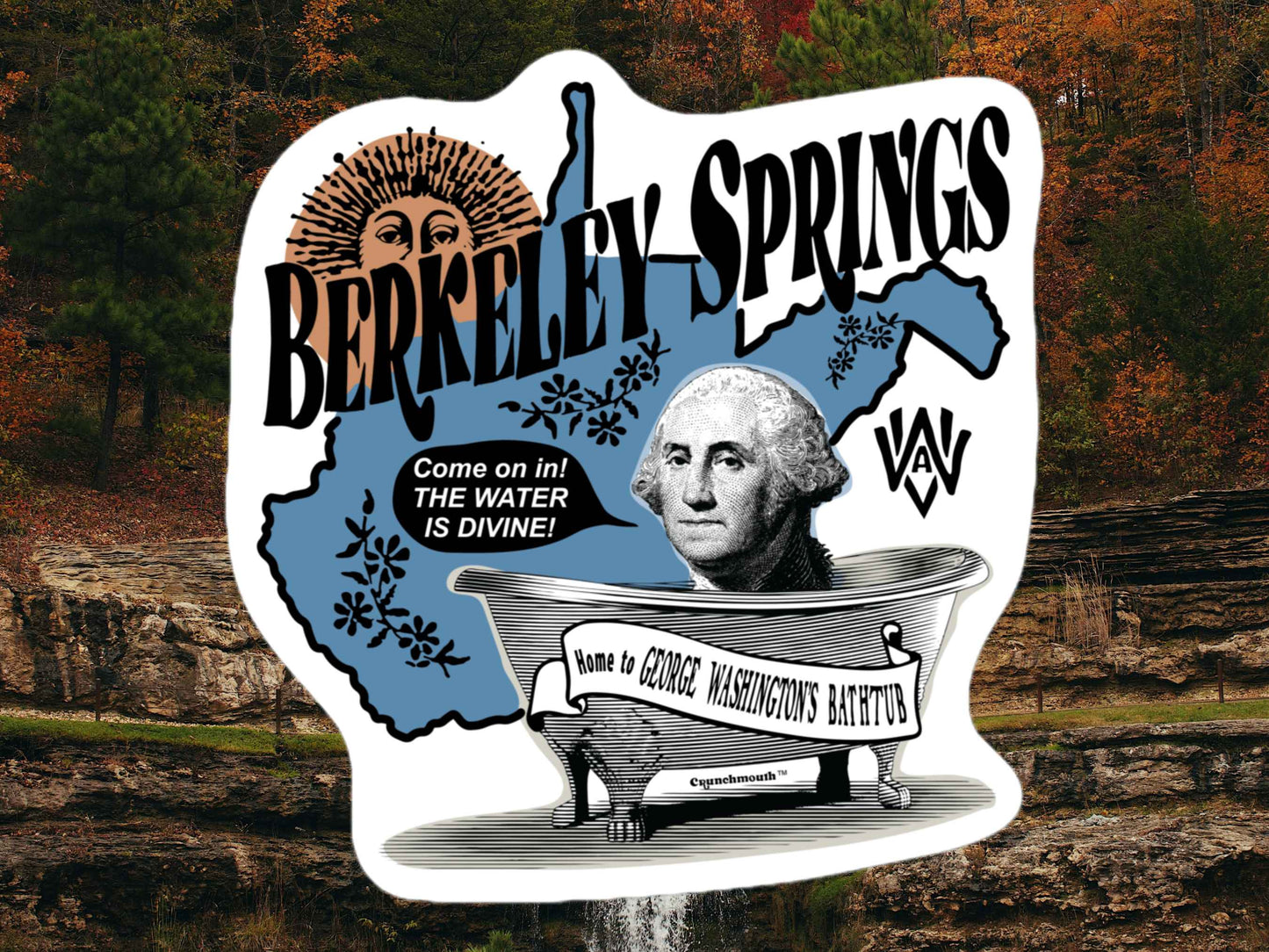 berkeley springs sticker, george washington's bathtub, autumn forest background