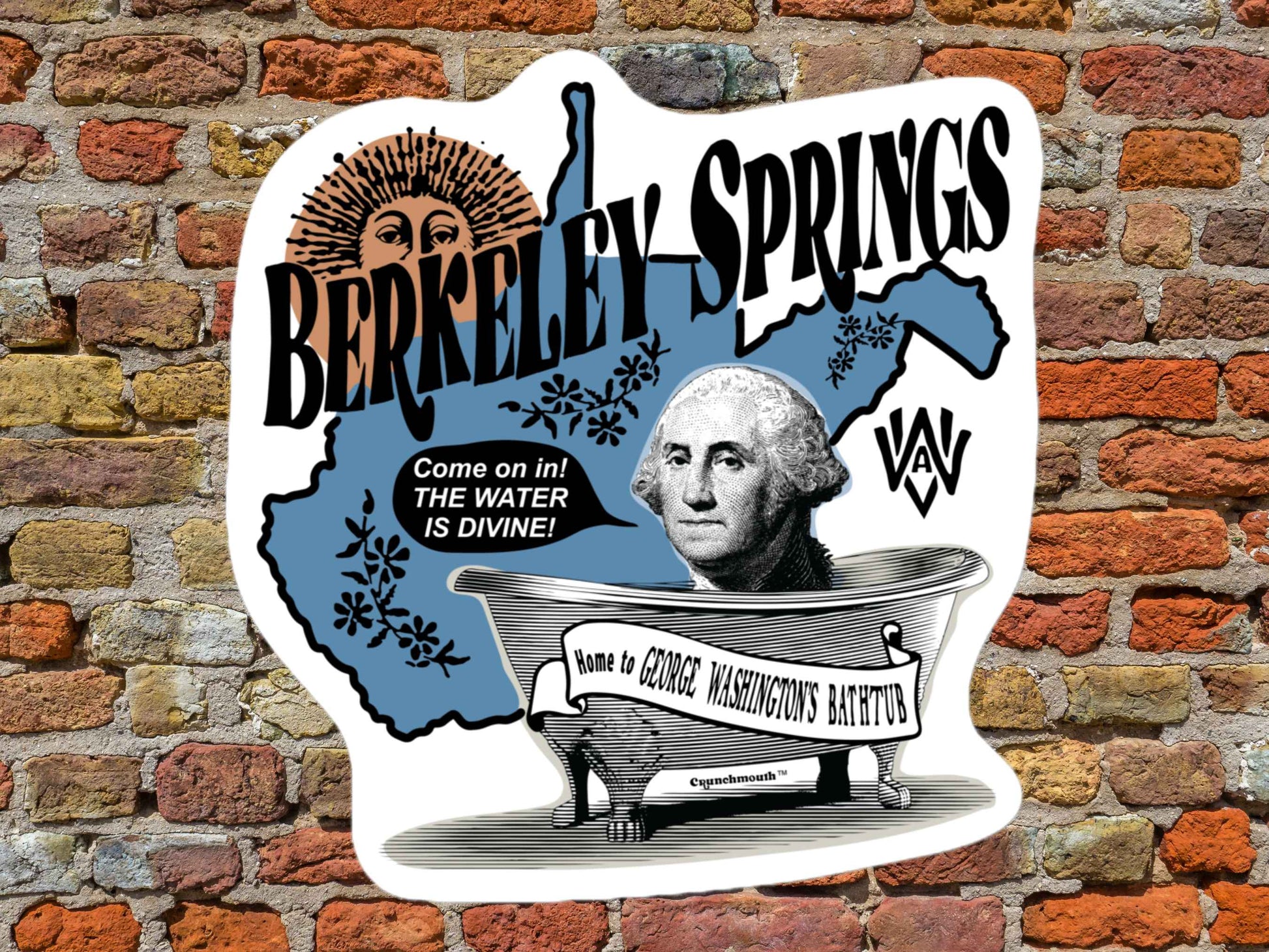 berkeley springs sticker, george washington's bathtub, red brick wall background