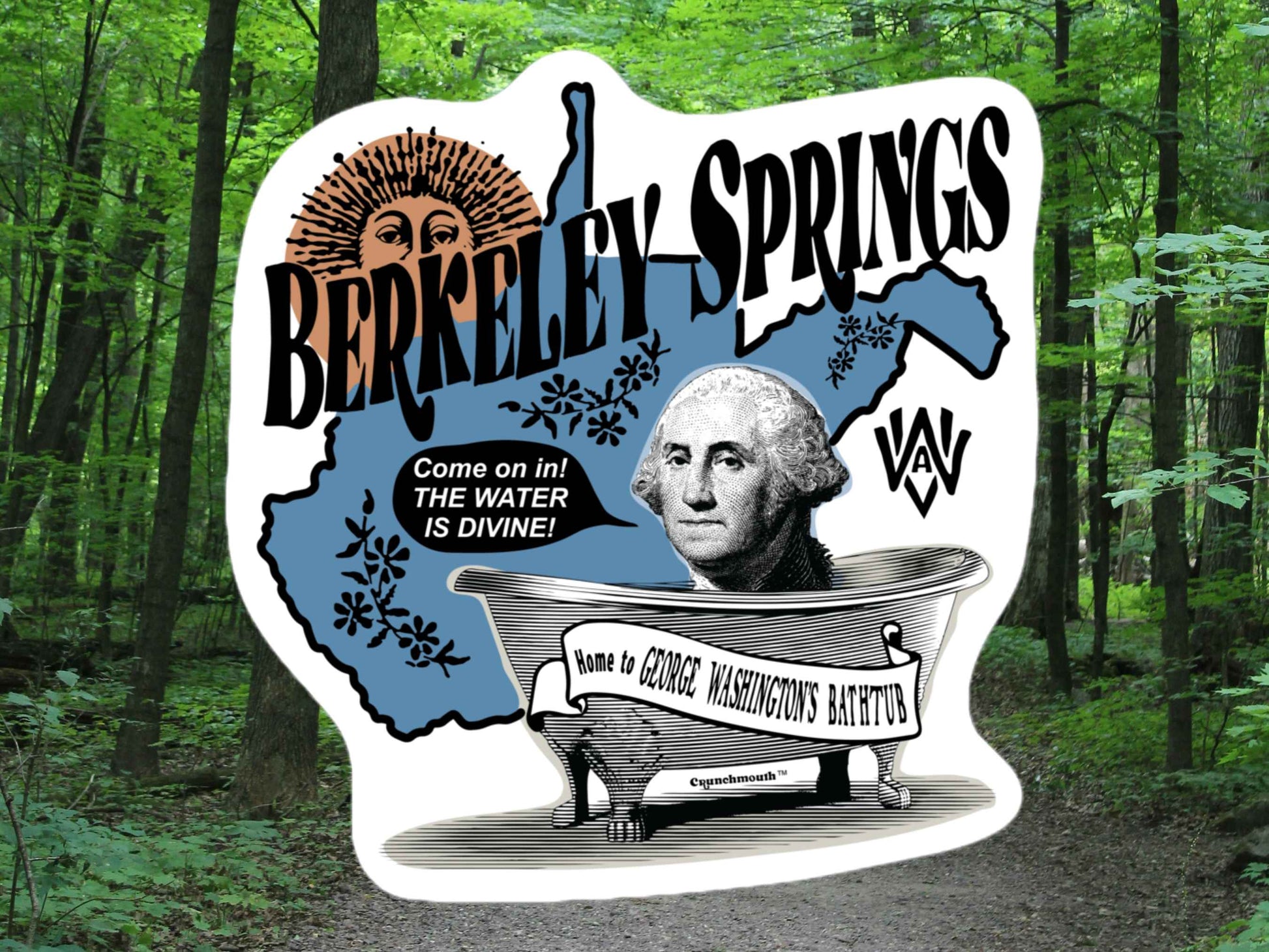 berkeley springs sticker, george washington's bathtub, forest trail background