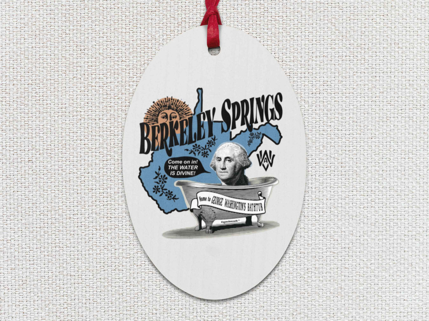 berkeley springs Christmas ornament, George Washington's bathtub, front, white textured background