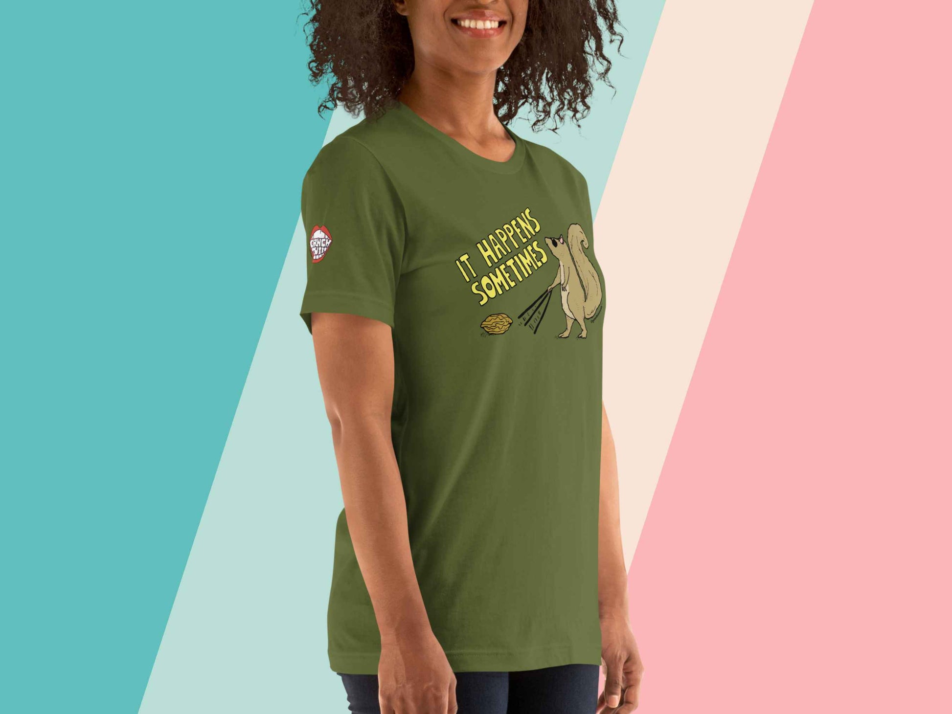 blind squirrel shirt, funny squirrel shirts, female model, front right angle, pastel stripe background