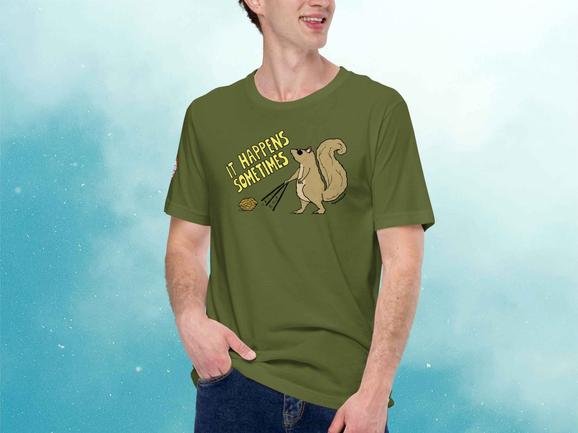 blind squirrel shirt, funny squirrel shirts, male model, front, blue sky background