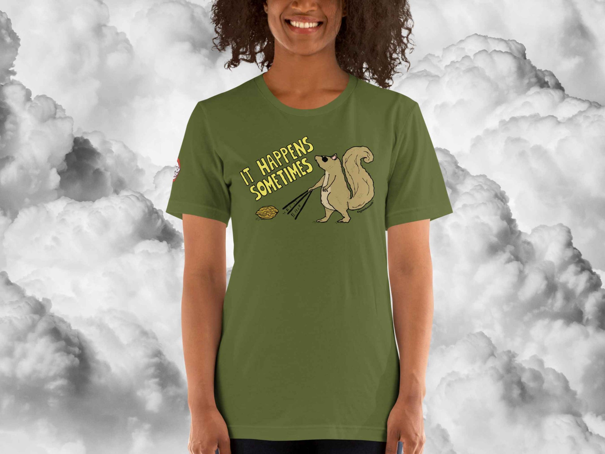 blind squirrel shirt, funny squirrel shirts, female model, front, white cloud background