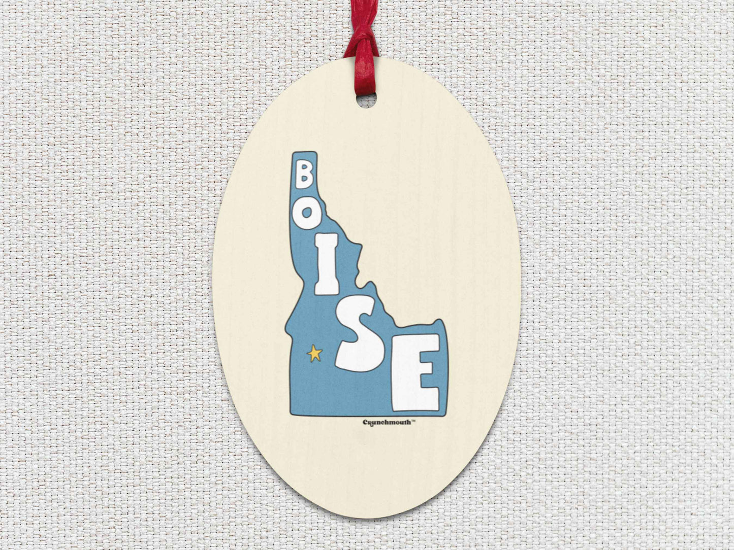 boise Christmas ornament, front, white textured background