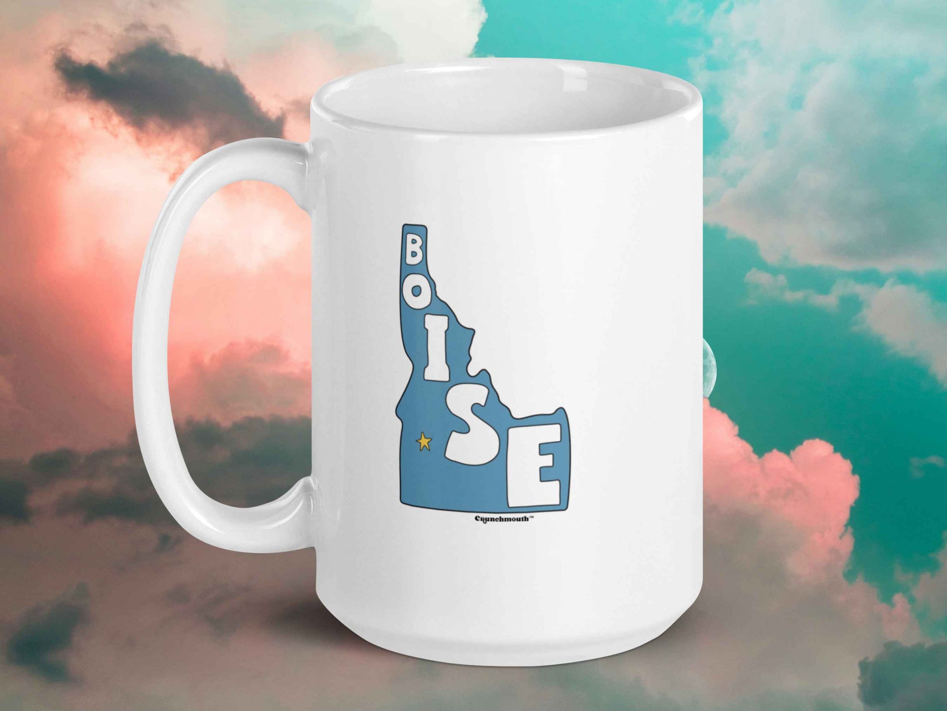 boise mug, souvenir coffee mugs, 15 oz, handle on right, cloud sky background