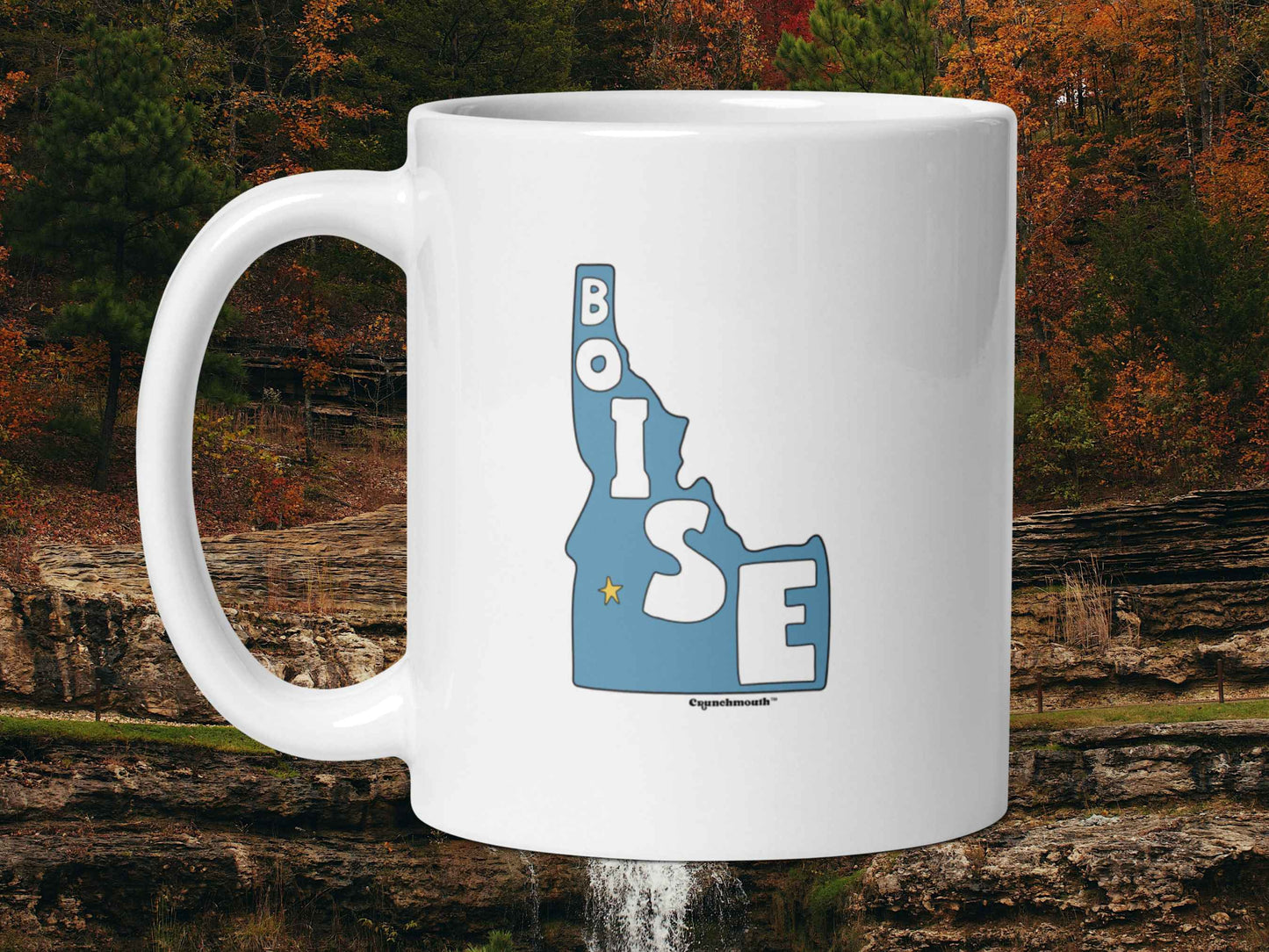 boise mug, souvenir coffee mugs, 11  oz, handle on left, forest stream background