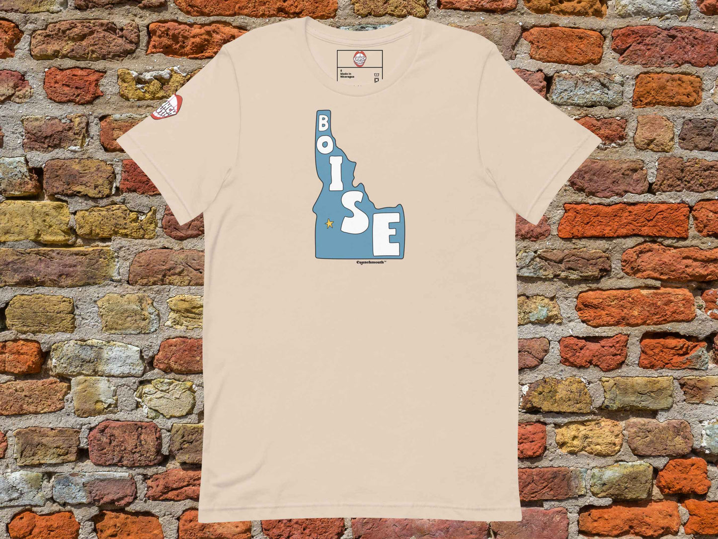 boise shirt, souvenir t shirts, front, flat, red brick wall background