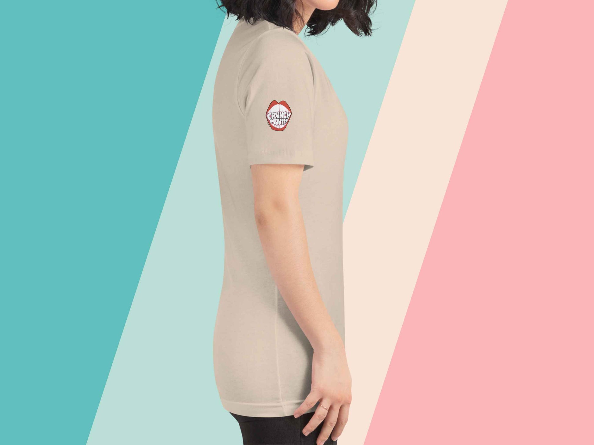 boise shirt, souvenir t shirts, right side, female model, pastel stripe background