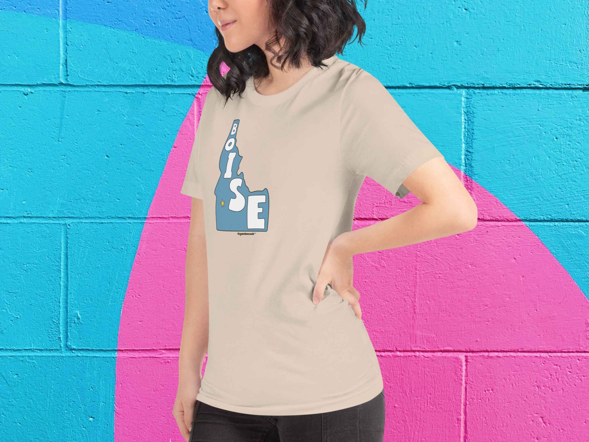 boise shirt, souvenir t shirts, front left side, female model, vibrant color cinder block wall background