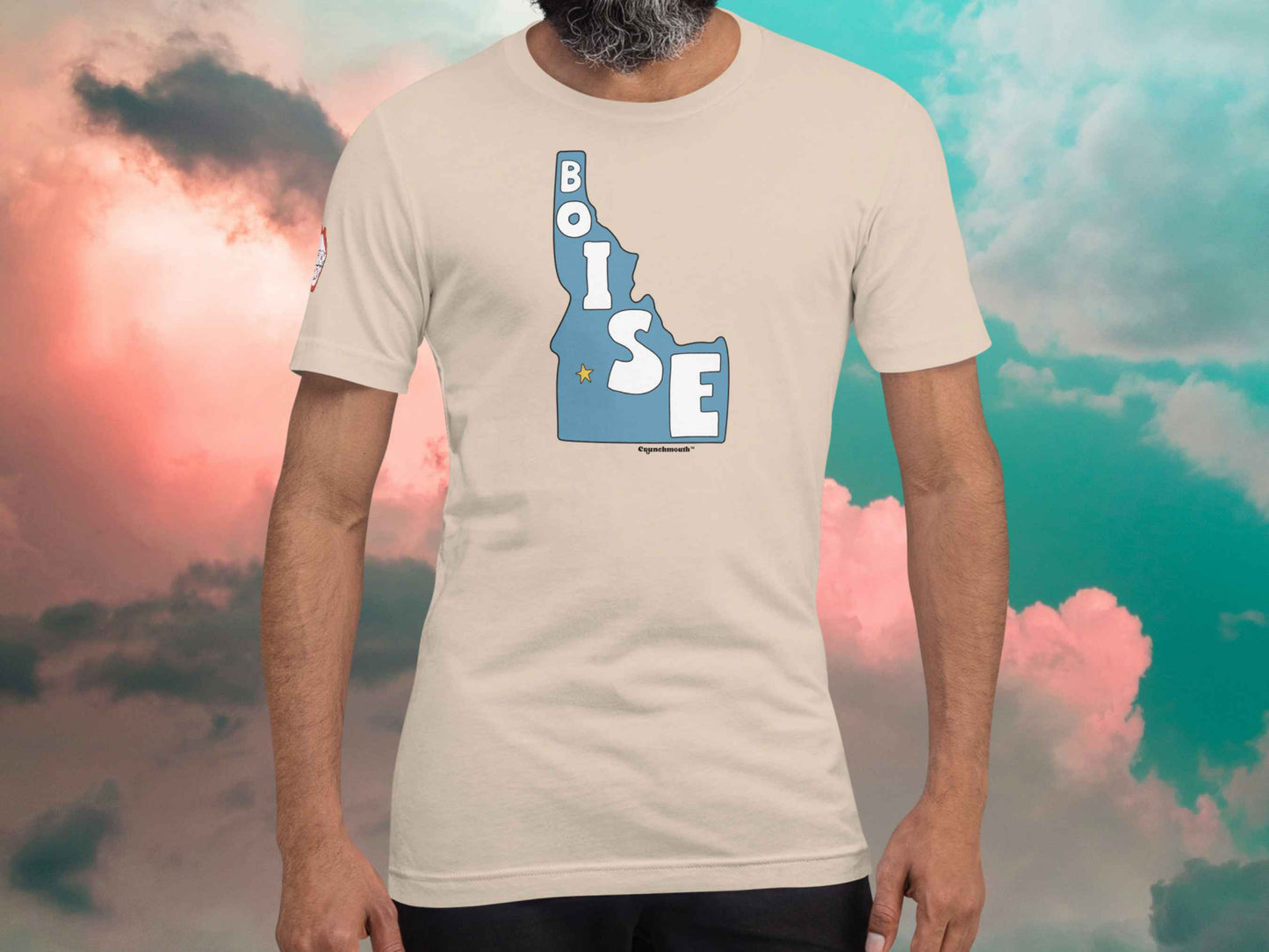 boise shirt, souvenir t shirts, front, male model, cloud sky background