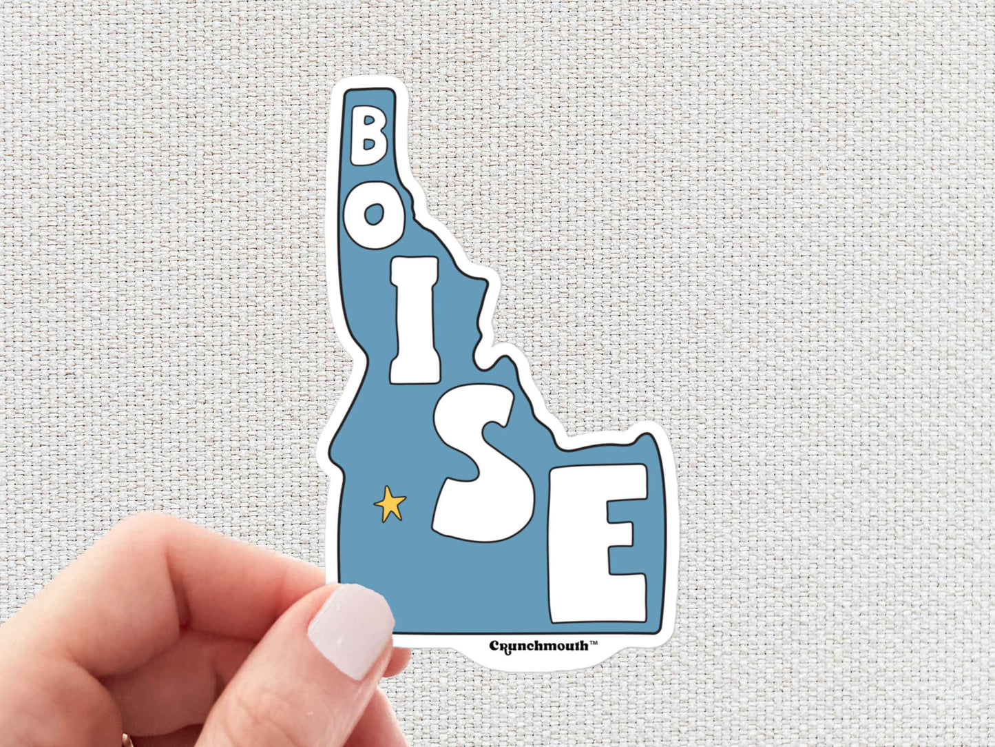 boise sticker, travel luggage stickers, hand display, white textured background