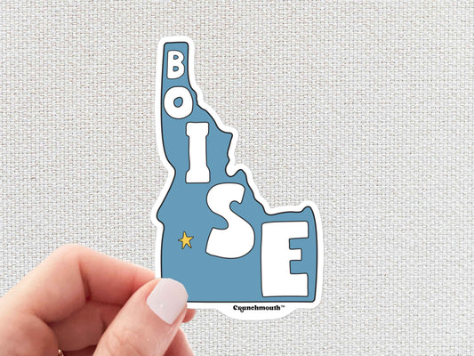 boise sticker, travel luggage stickers, hand display, white textured background