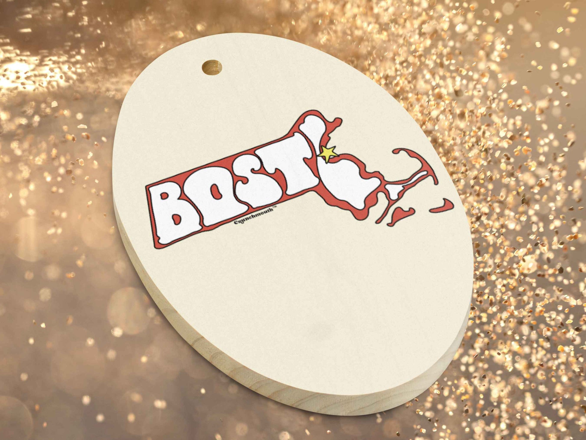 boston Christmas ornament, travel ornaments, front bottom side angle, gold sparkle background