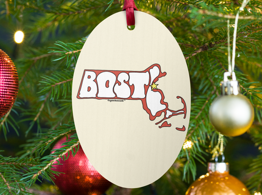 boston Christmas ornament, travel ornaments, front, Christmas tree background