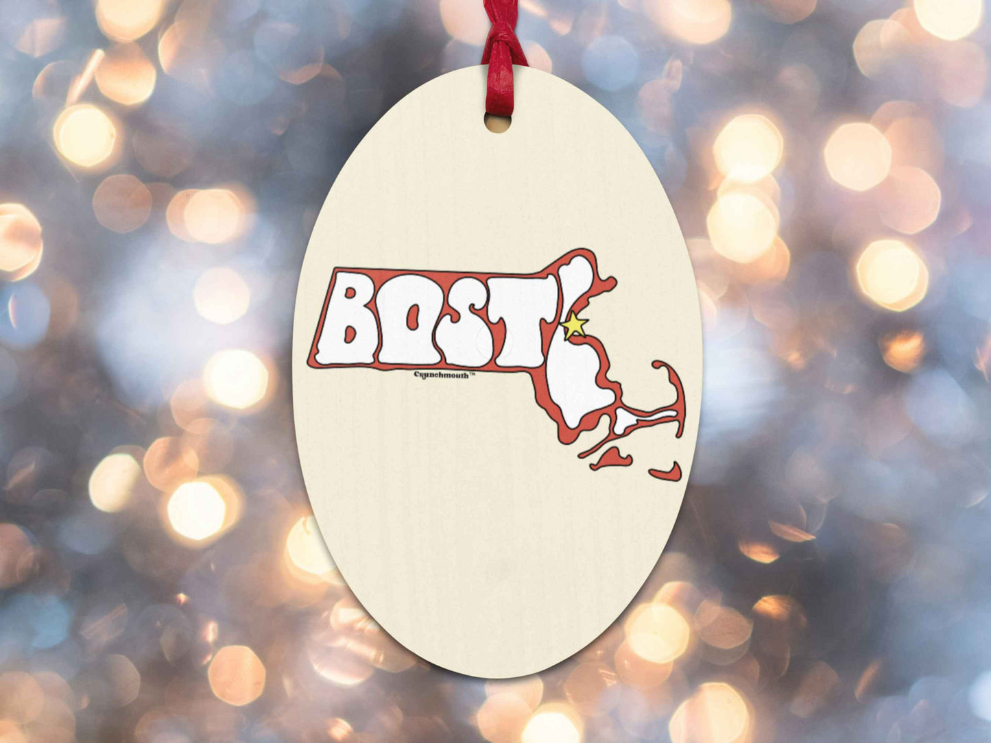 boston Christmas ornament, travel ornaments, back, Christmas lights background