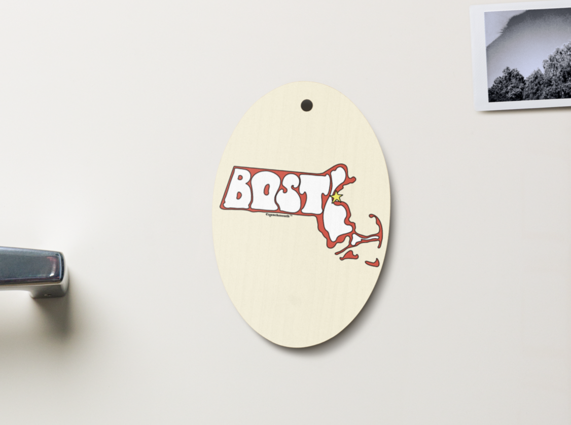 boston Christmas ornament, travel ornaments, front, magnet displayed on metal file cabinet background