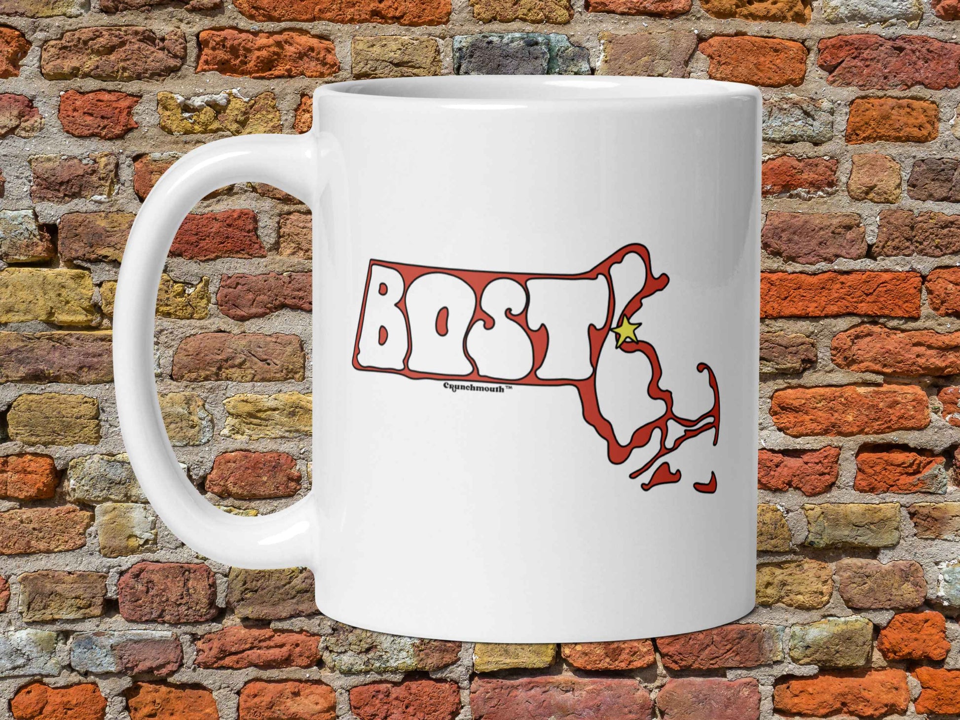 boston mug, retro coffee mugs, 11 oz, handle on left, red brick wall background