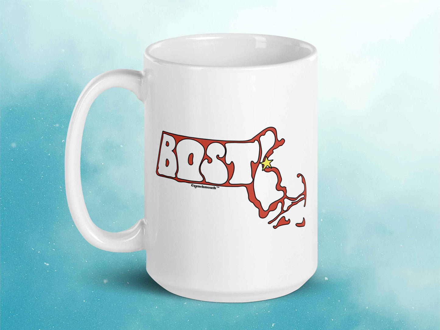 boston mug, boston gifts, 15 oz, handle on left, blue sky background