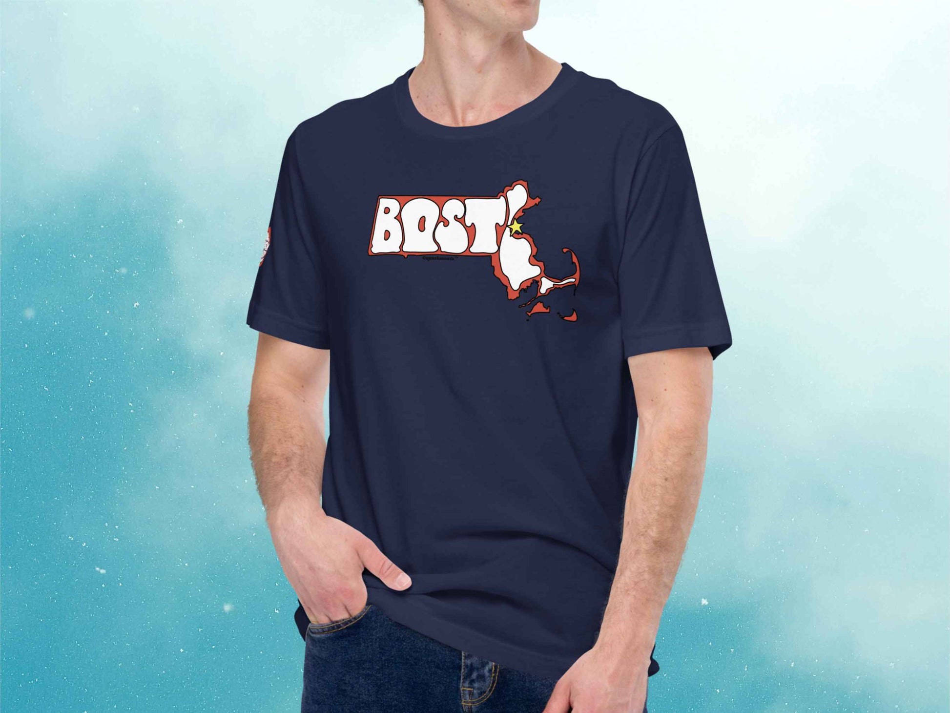 boston t shirt, retro t shirts, male model, front, sky blue background