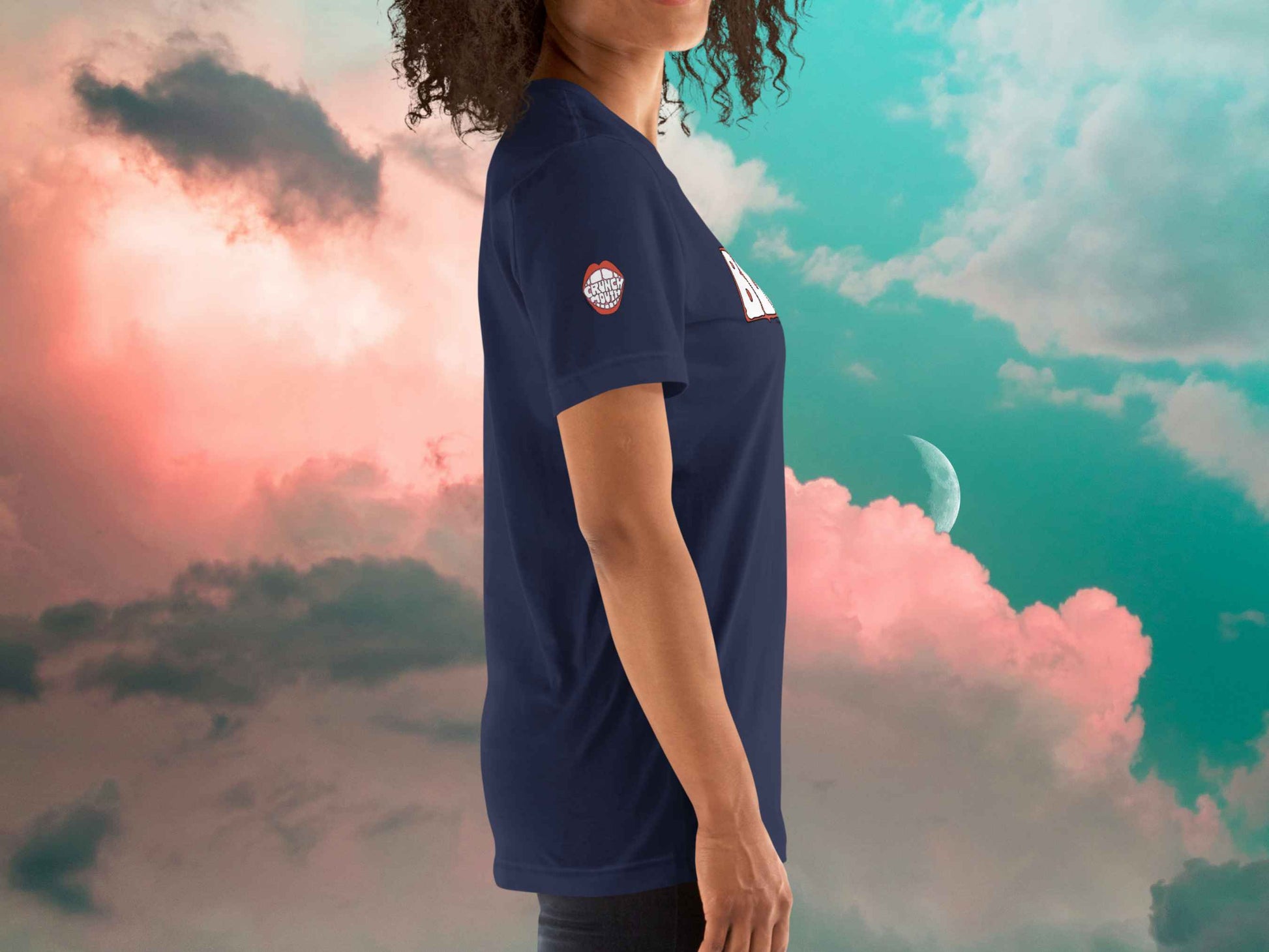 boston t shirt, retro t shirts, right side, female model, cloud sky background