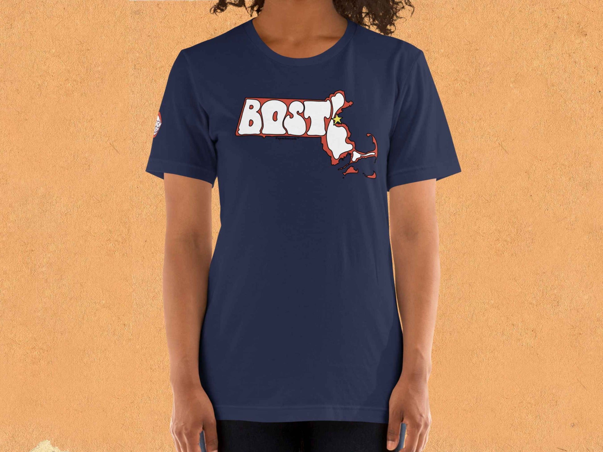 boston t shirt, retro t shirts, front, female model, orange textured background