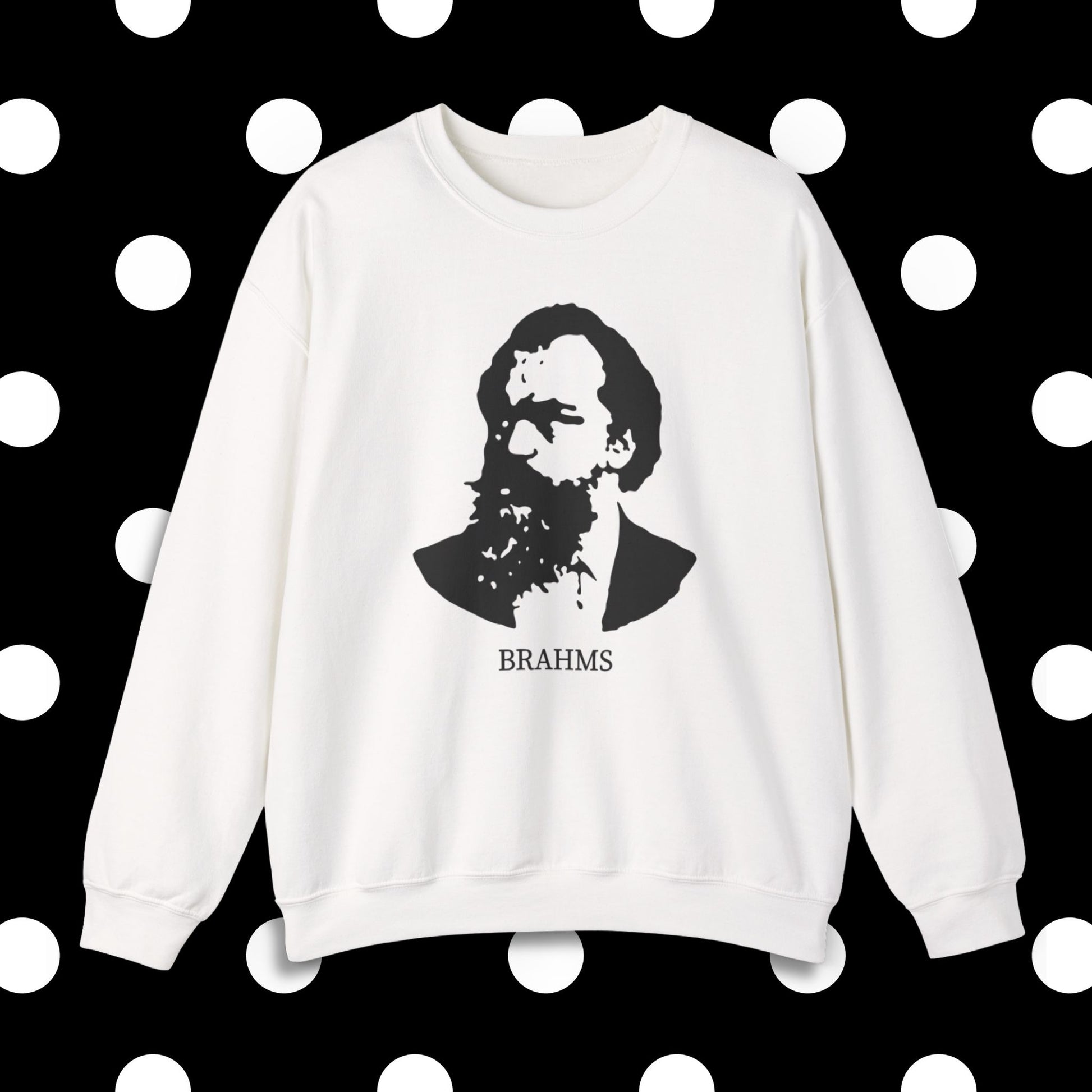 brahms unisex crewneck sweatshirt, white, polka dots pattern design background