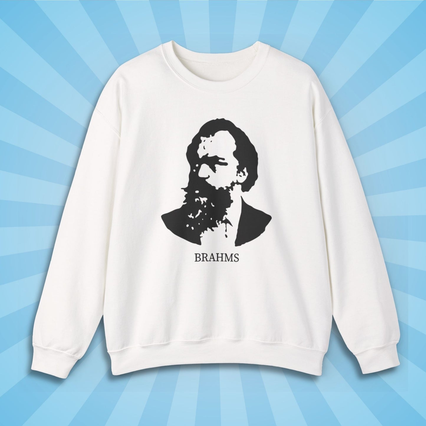 brahms unisex crewneck sweatshirt, white, sun rays design background