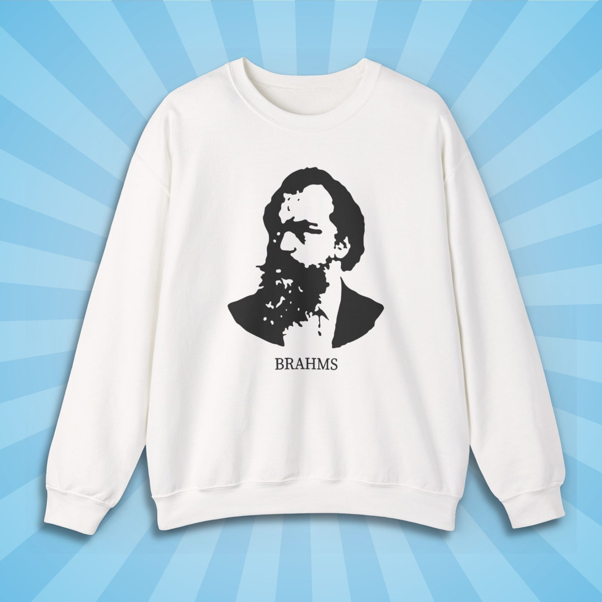 brahms unisex crewneck sweatshirt, white, sun rays design background