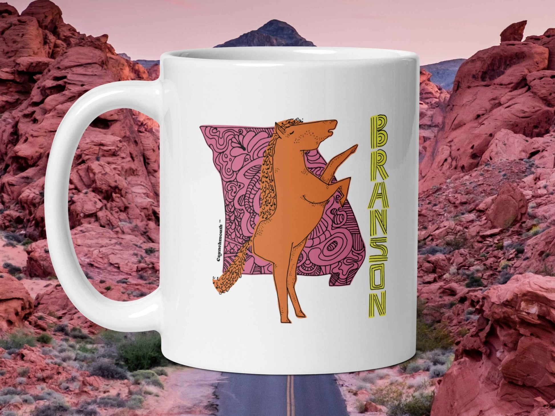 branson coffee mug, 11 oz size, handle on left, red rocks background, breakfast in branson