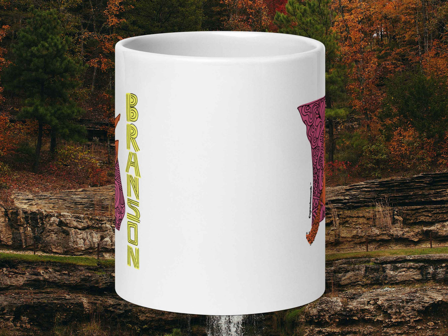 branson coffee mug, 20 oz size, front view, mountain stream background, branson gift shops souvenir