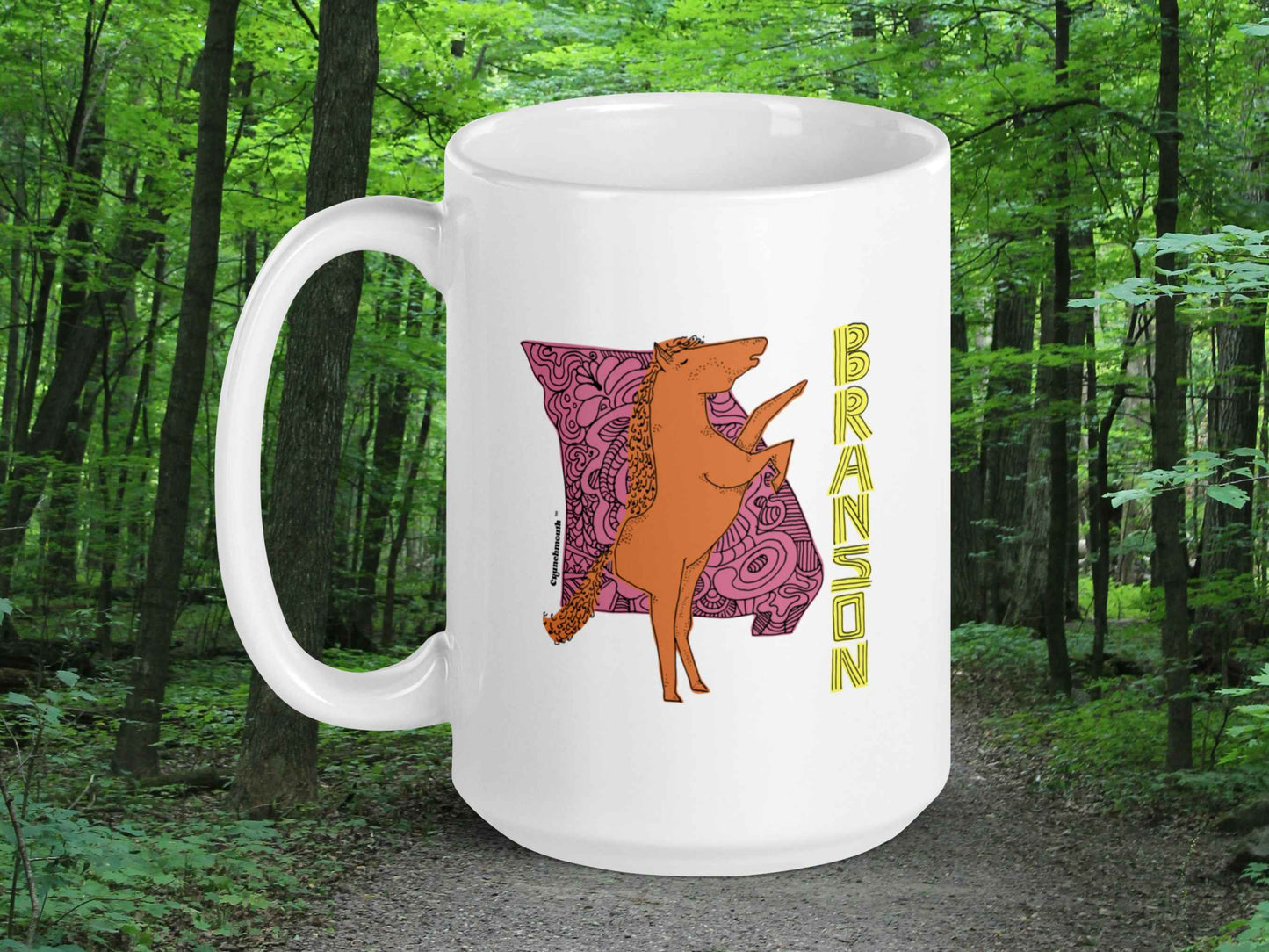 branson coffee mug, 15 oz capacity, handle on left, forest path background, breakfast in branson