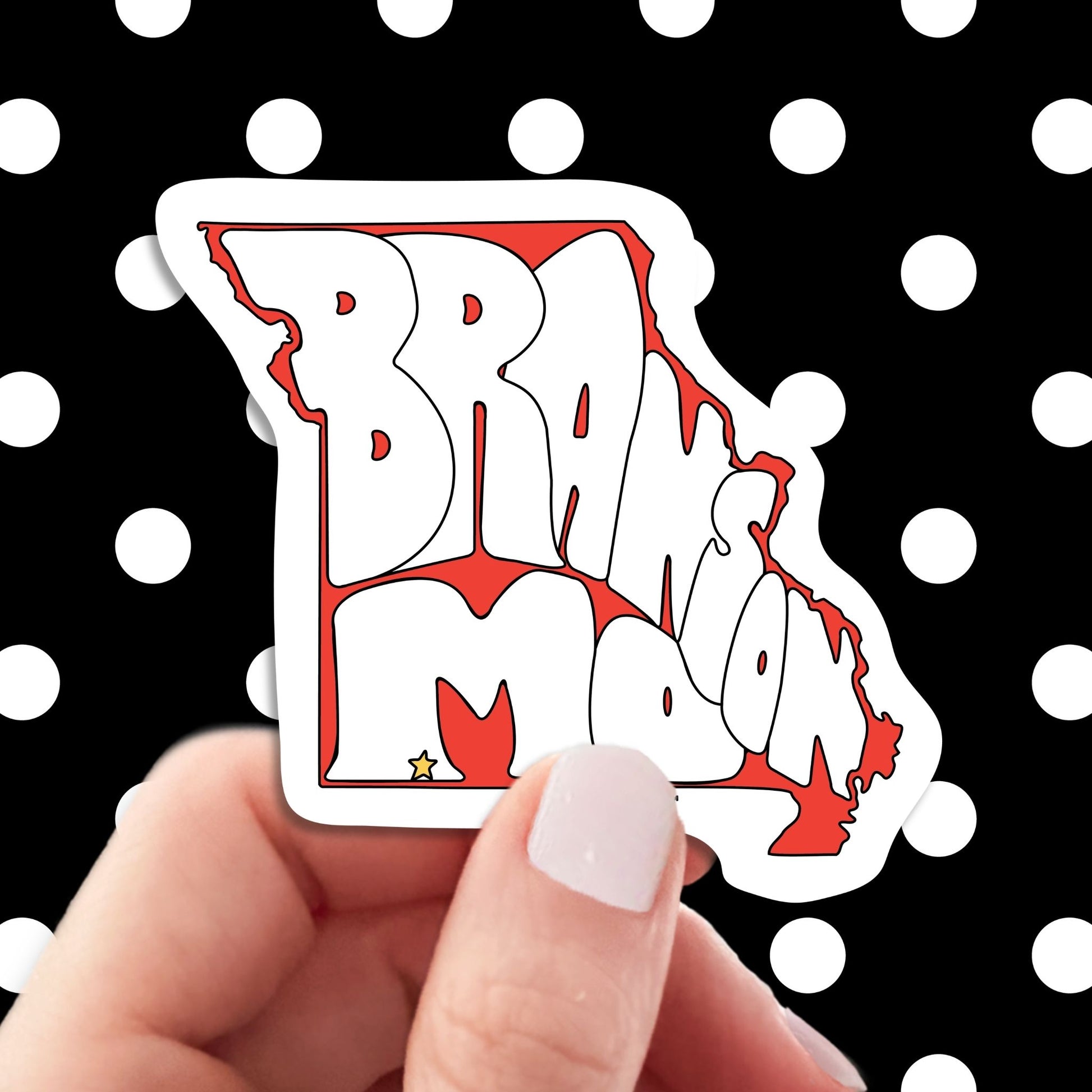 branson travel luggage sticker, hand display, polka dots pattern design background
