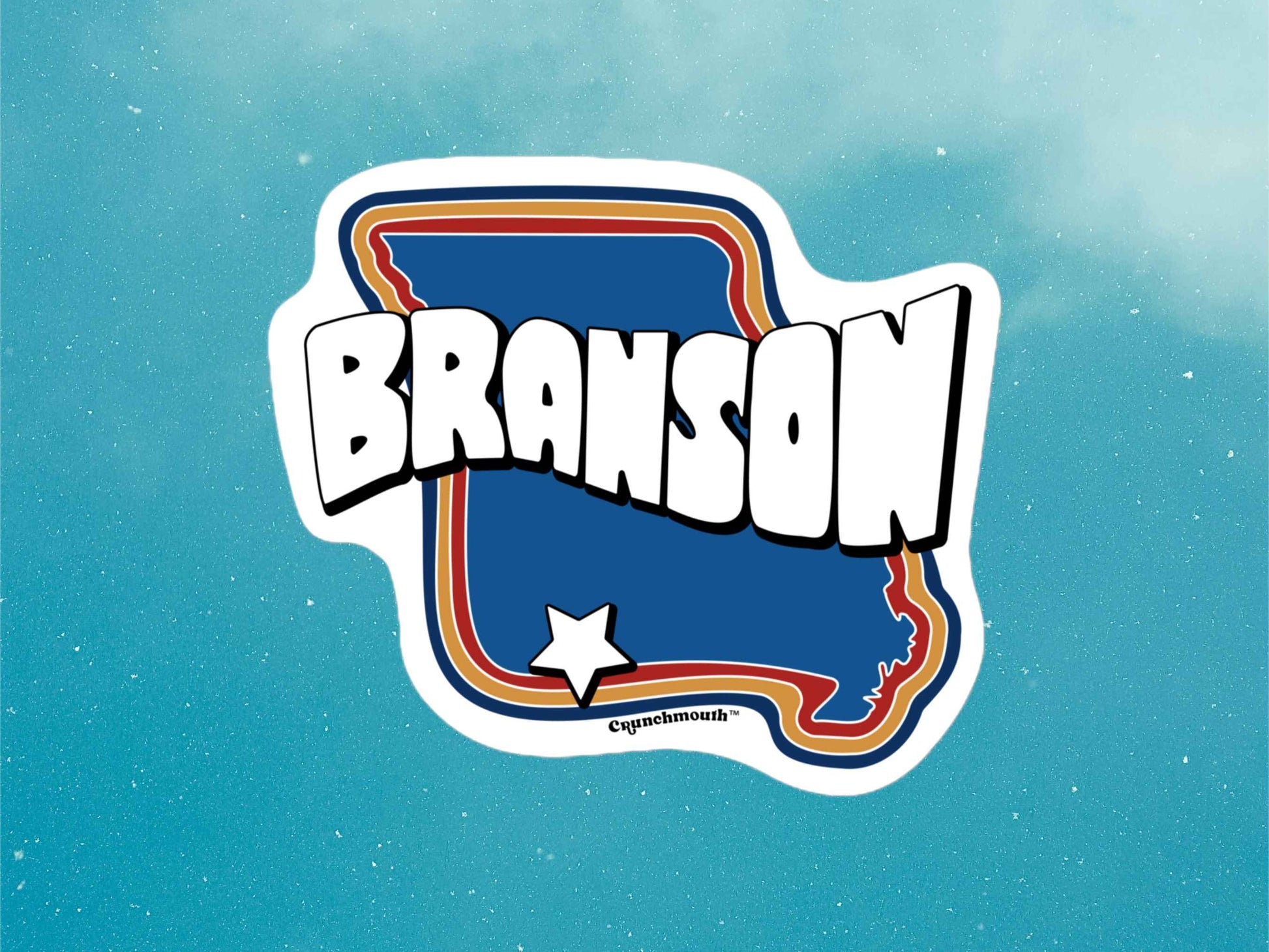 branson travel luggage sticker, blue sky background