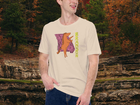 branson shirt, retro t shirts, front, male model, autumn forest background