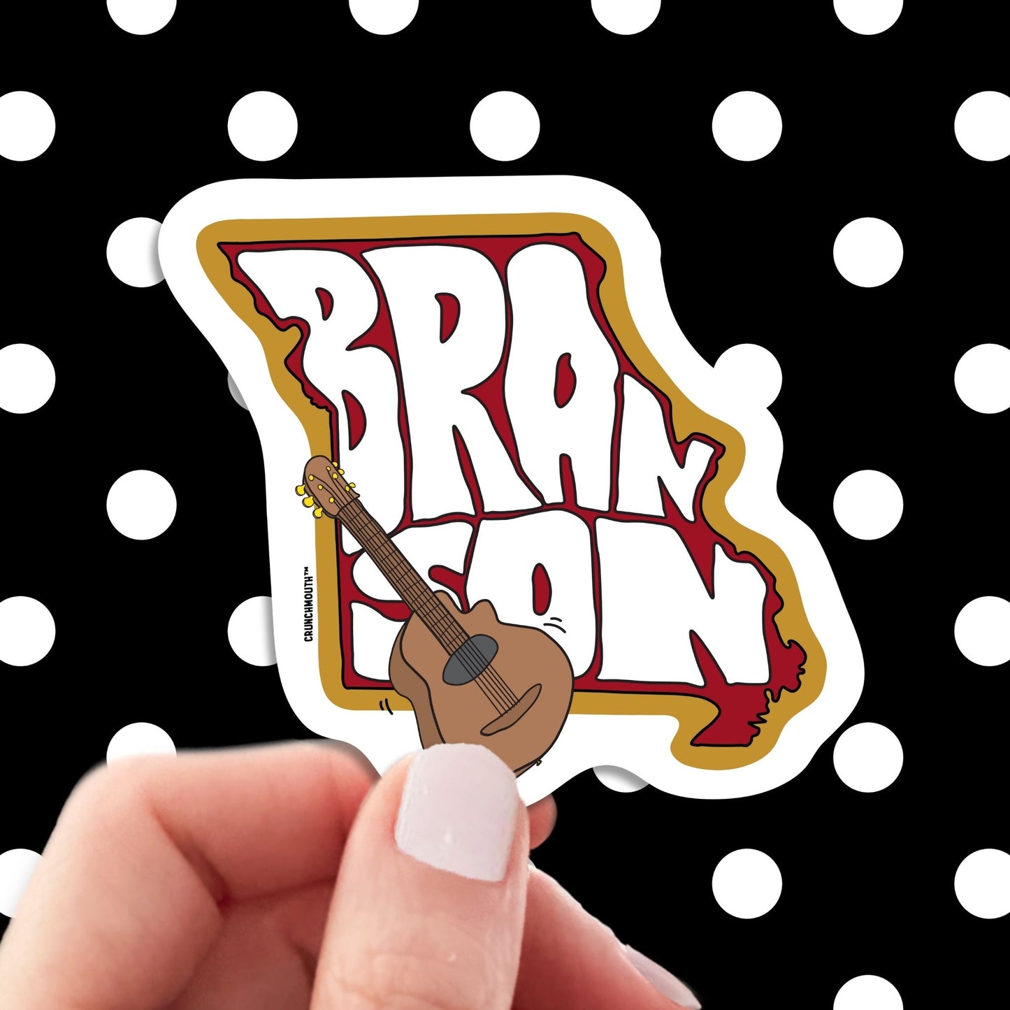 branson travel luggage sticker, hand display, polka dots pattern design background