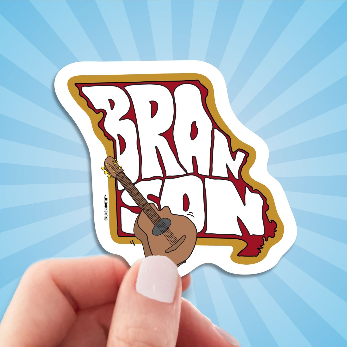 branson travel luggage sticker, hand display, sun rays design background