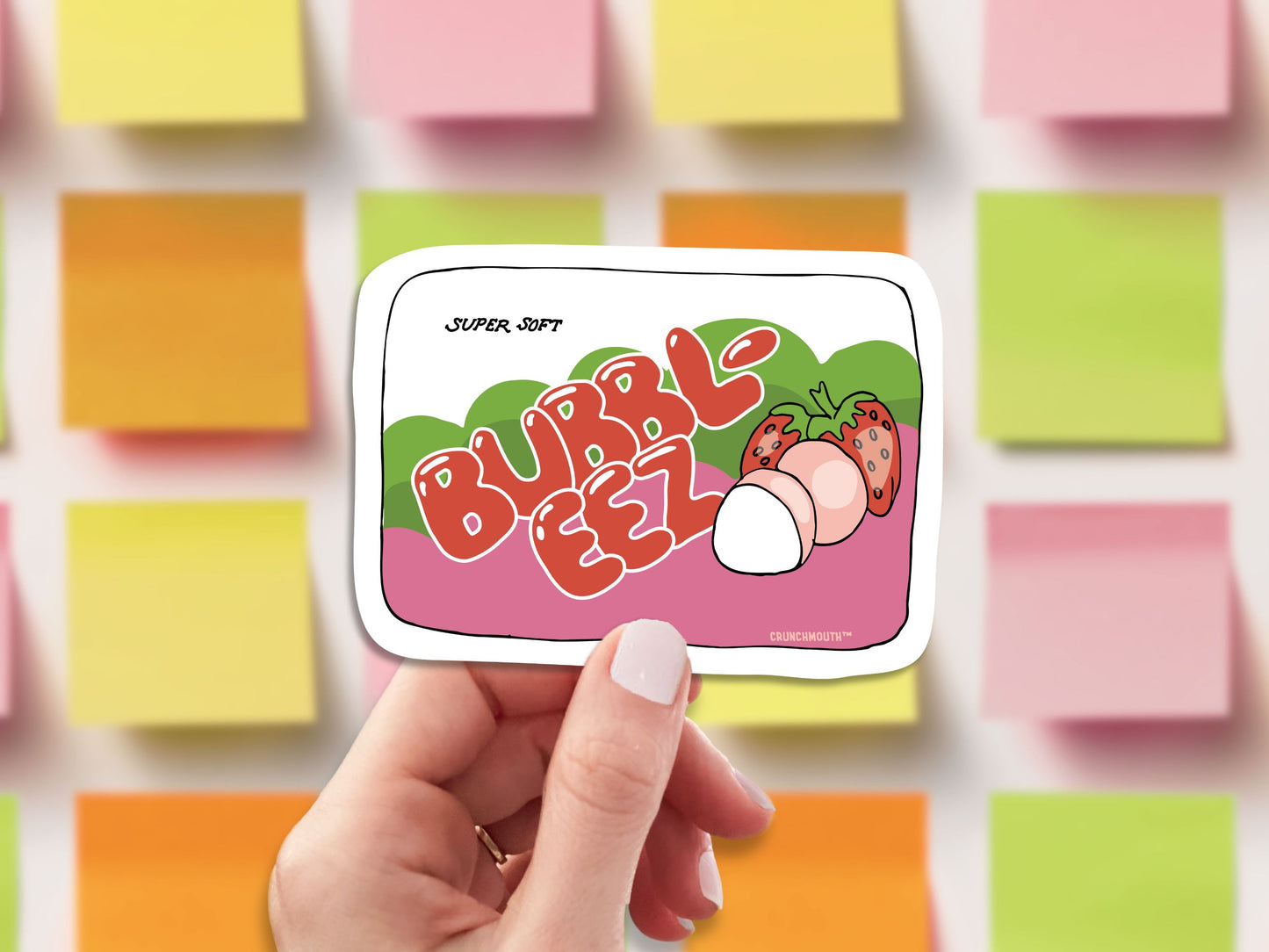 bubble ease bubble gum sticker, hand display, sticky notes background