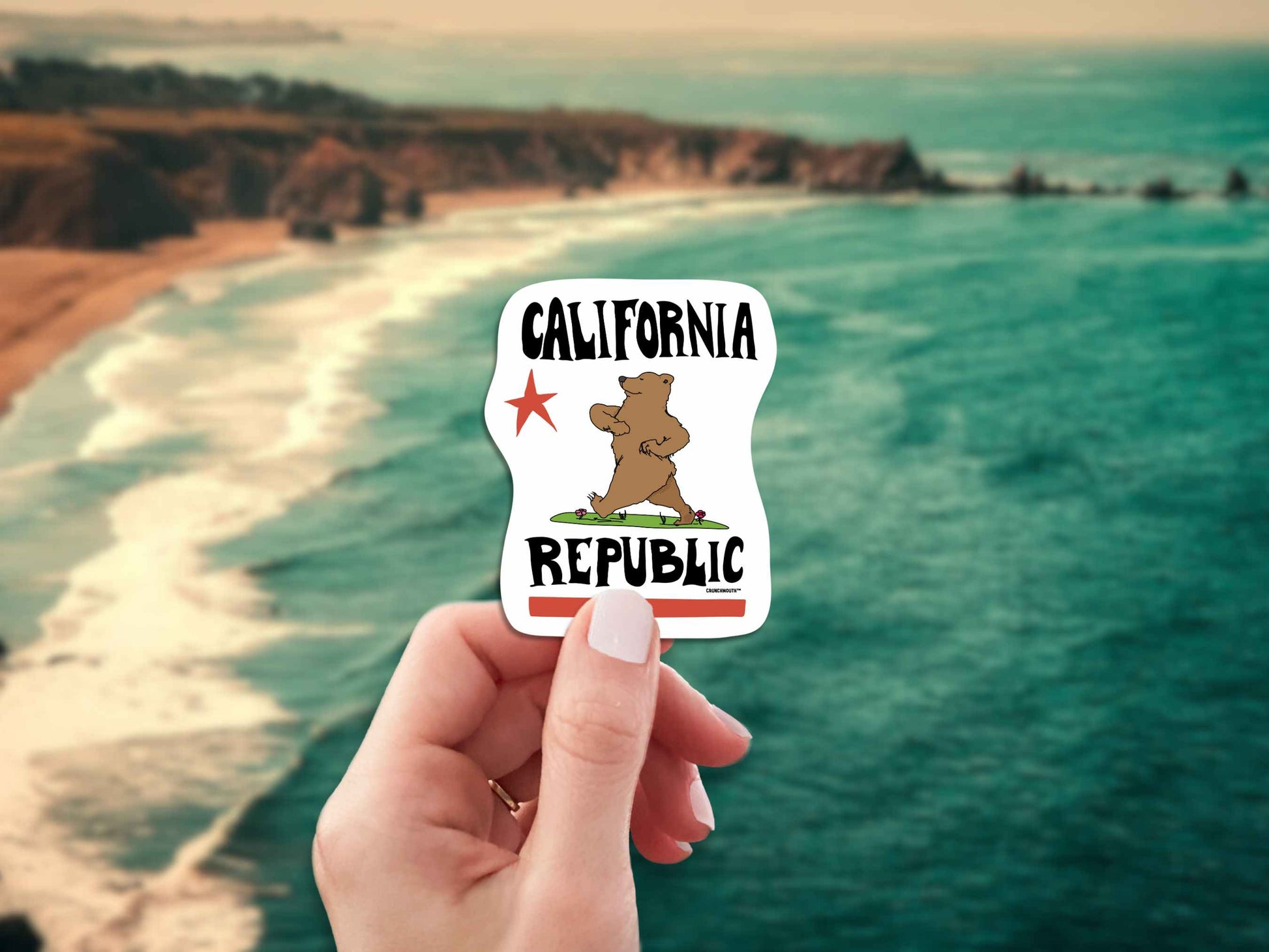 california republic bear travel luggage sticker, hand display, beach ocean shore background