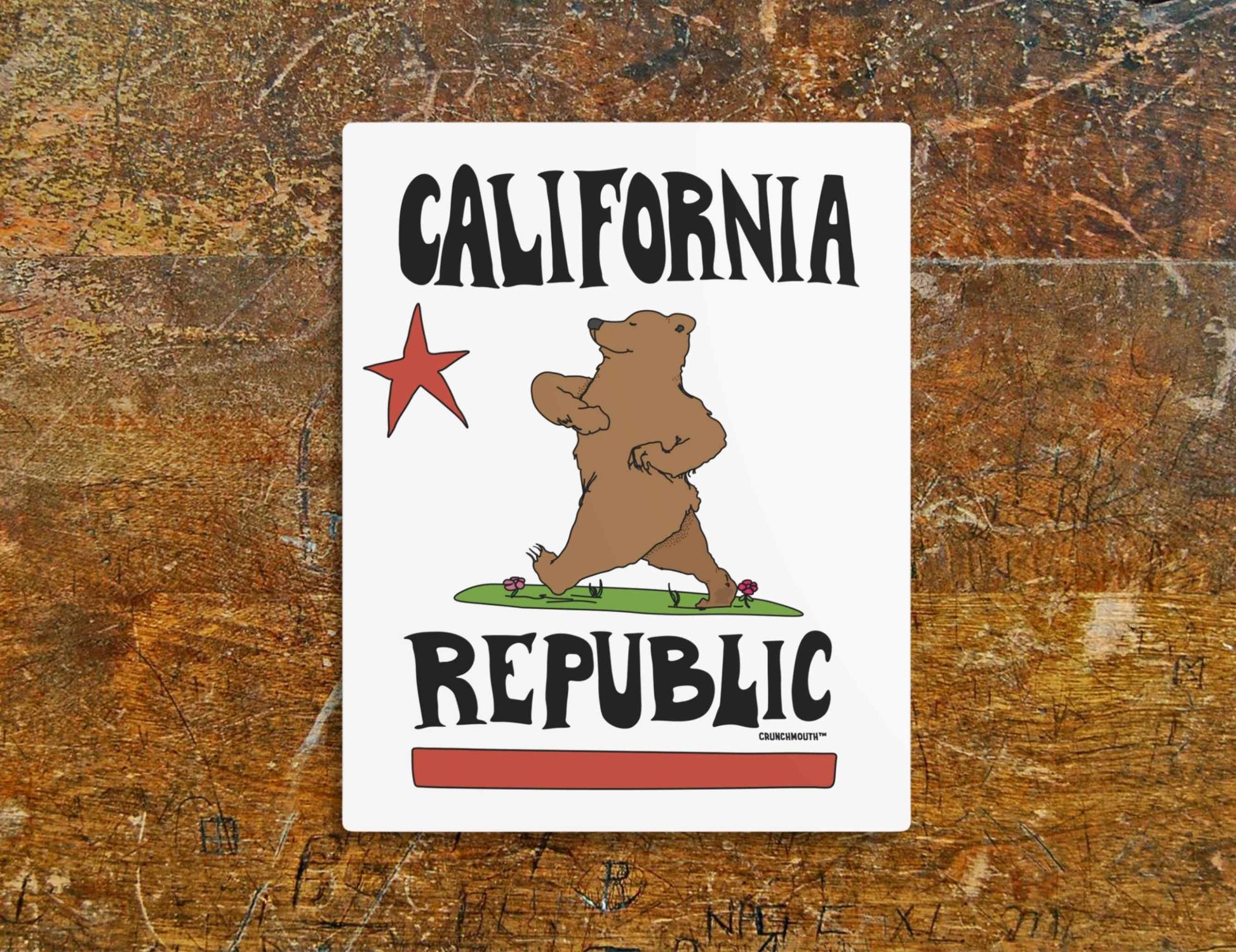 california republic metal wall art sign, flag parody, wood background