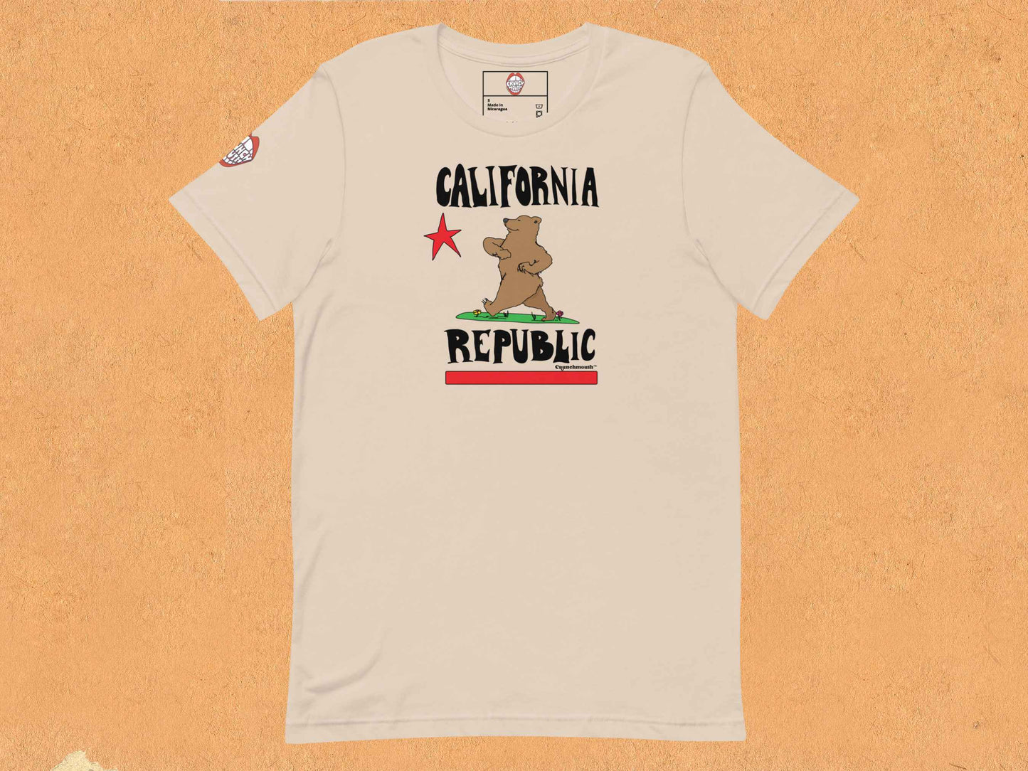 california republic shirt, flat, front, orange textured background